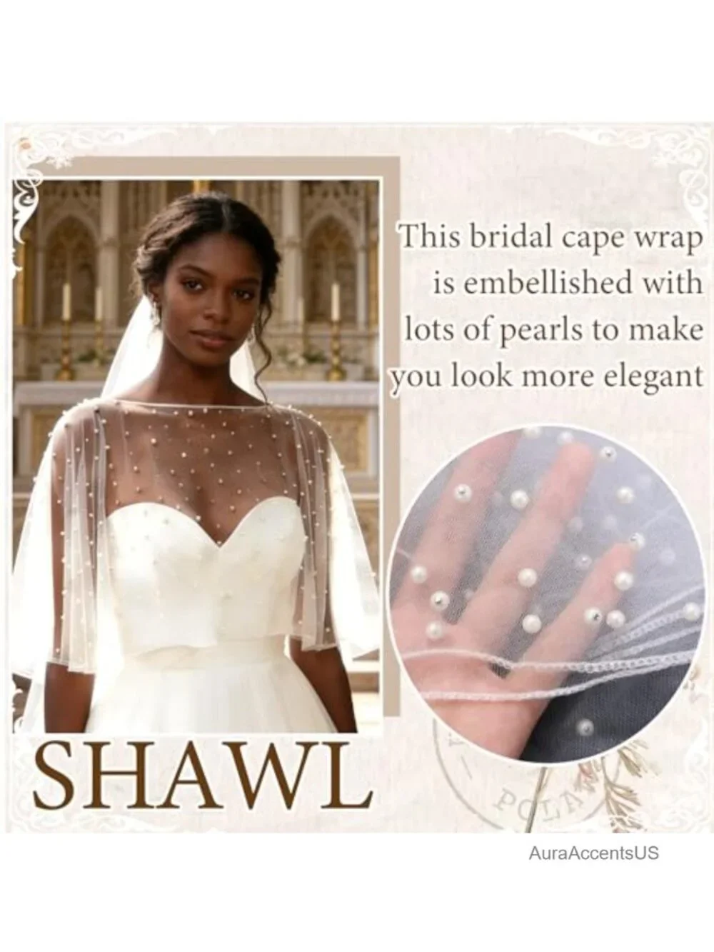 Pearl Shawl Wrap Shrug Bridal Capelet Satin Edge Tulle One Size